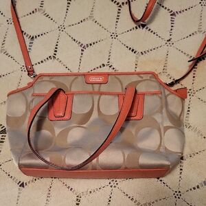Coach Beige and Coral Shoulder Bag With Short Handles Too.